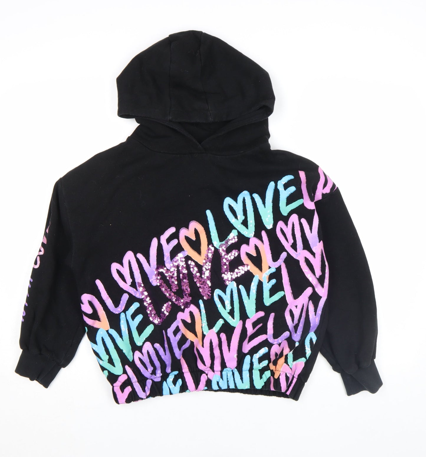 Next Girls Black Sequin Love Hoodie 13 Years Pullover Fleece Sweatshirt