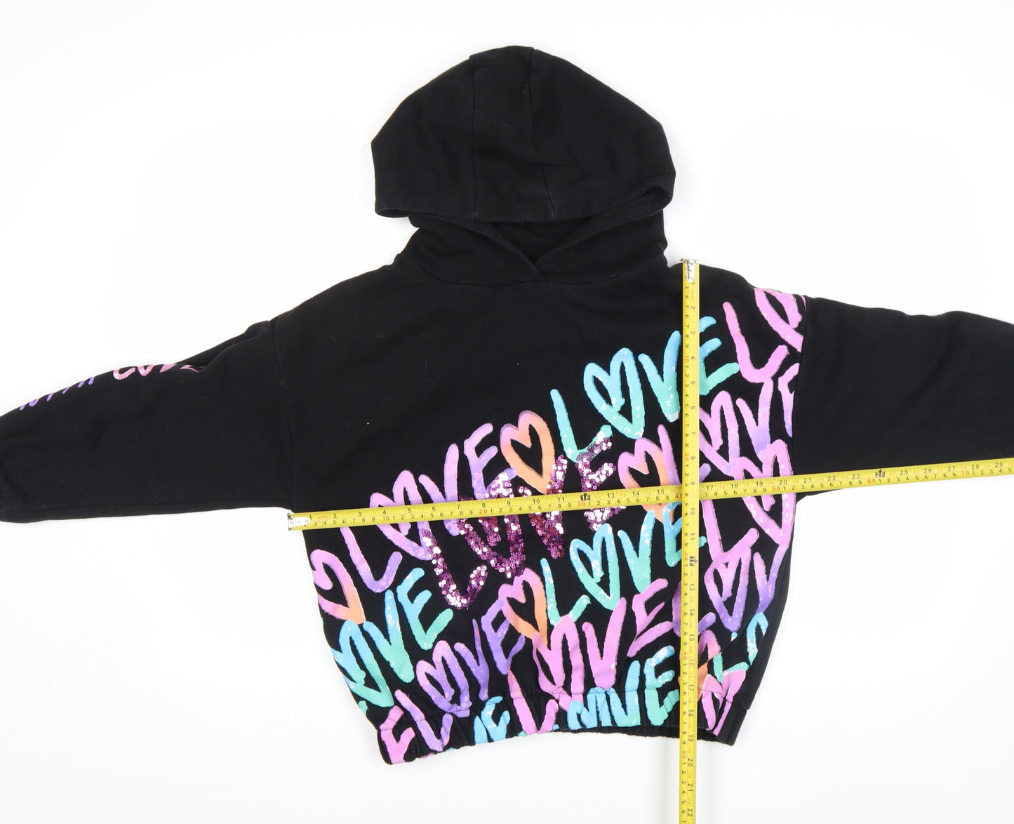 Next Girls Black Sequin Love Hoodie 13 Years Pullover Fleece Sweatshirt