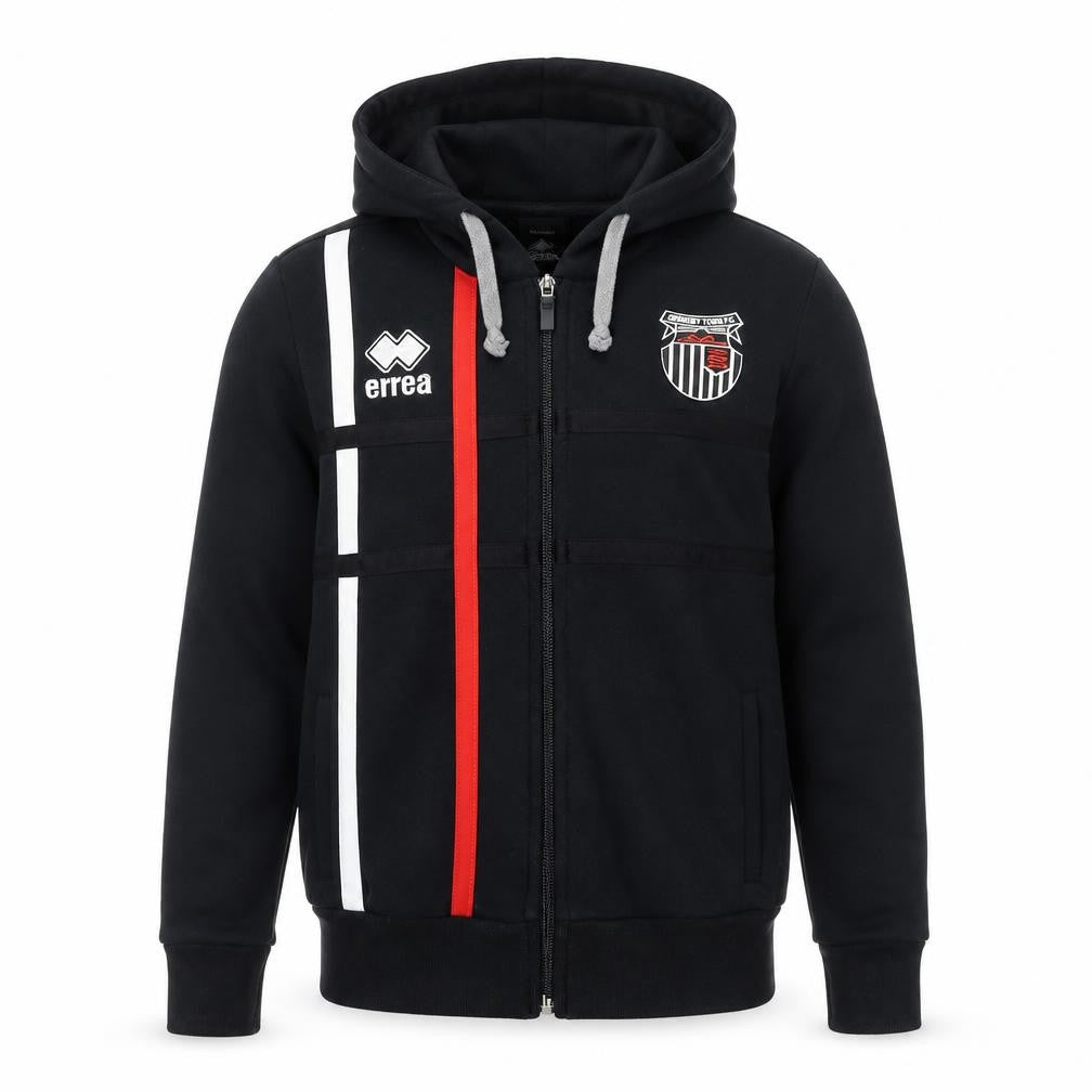 Front view of Errea boys’ black xs full zip hoodie with logo and colourblock design