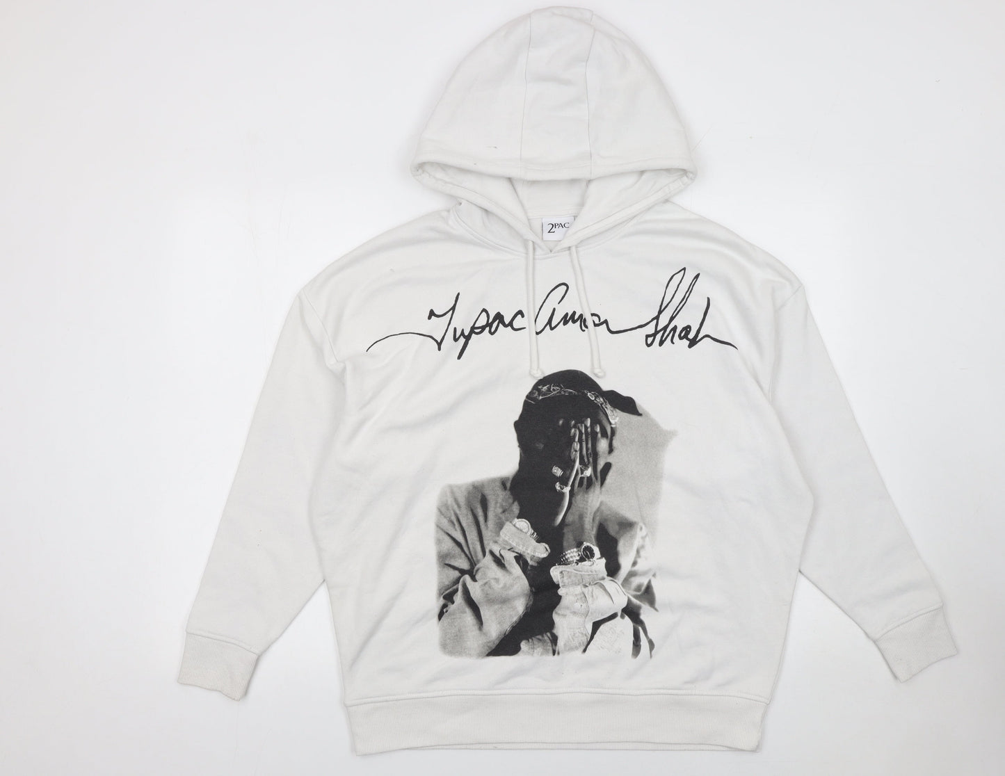 Primark Women’s White Tupac Graphic Hoodie XS Pullover Sweatshirt