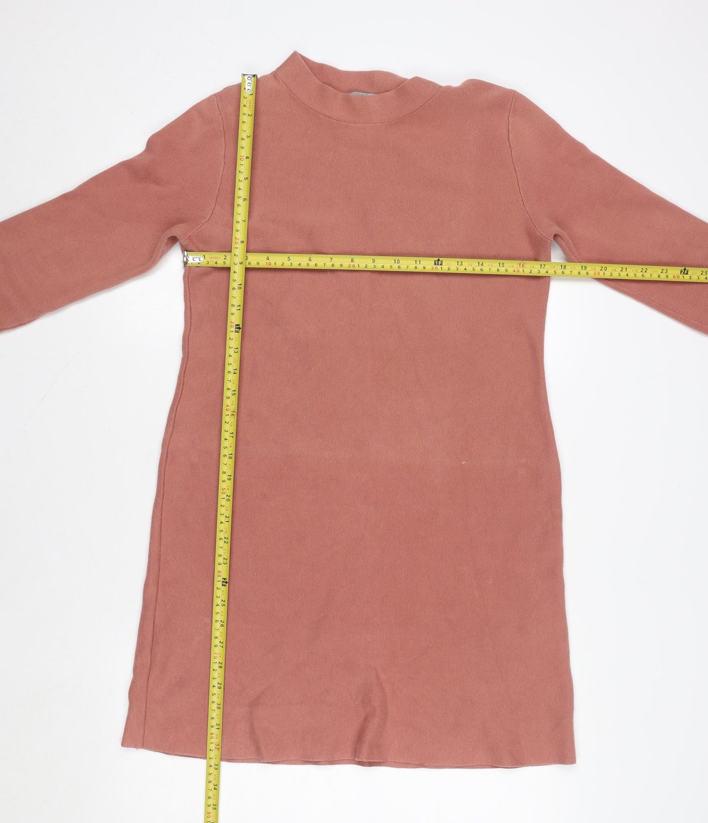 COS Women Pink Cotton Knit Shift Dress XS 3/4 Sleeve High Neck