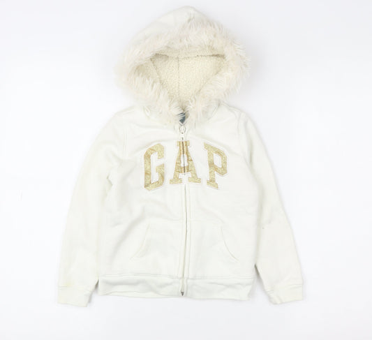Gap Girls Ivory Faux Fur Hooded Lined Zip Jacket 5 Years
