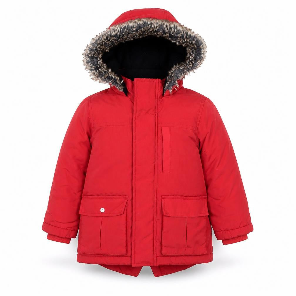 Front view of Very boys’ red faux fur trim hooded winter parka coat 3-4 years
