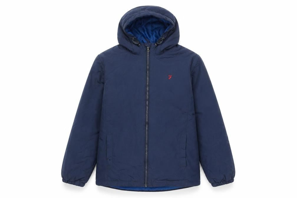 Front view of Farah Junior boys’ blue hooded puffer jacket age 12-13 years lightweight zip coat