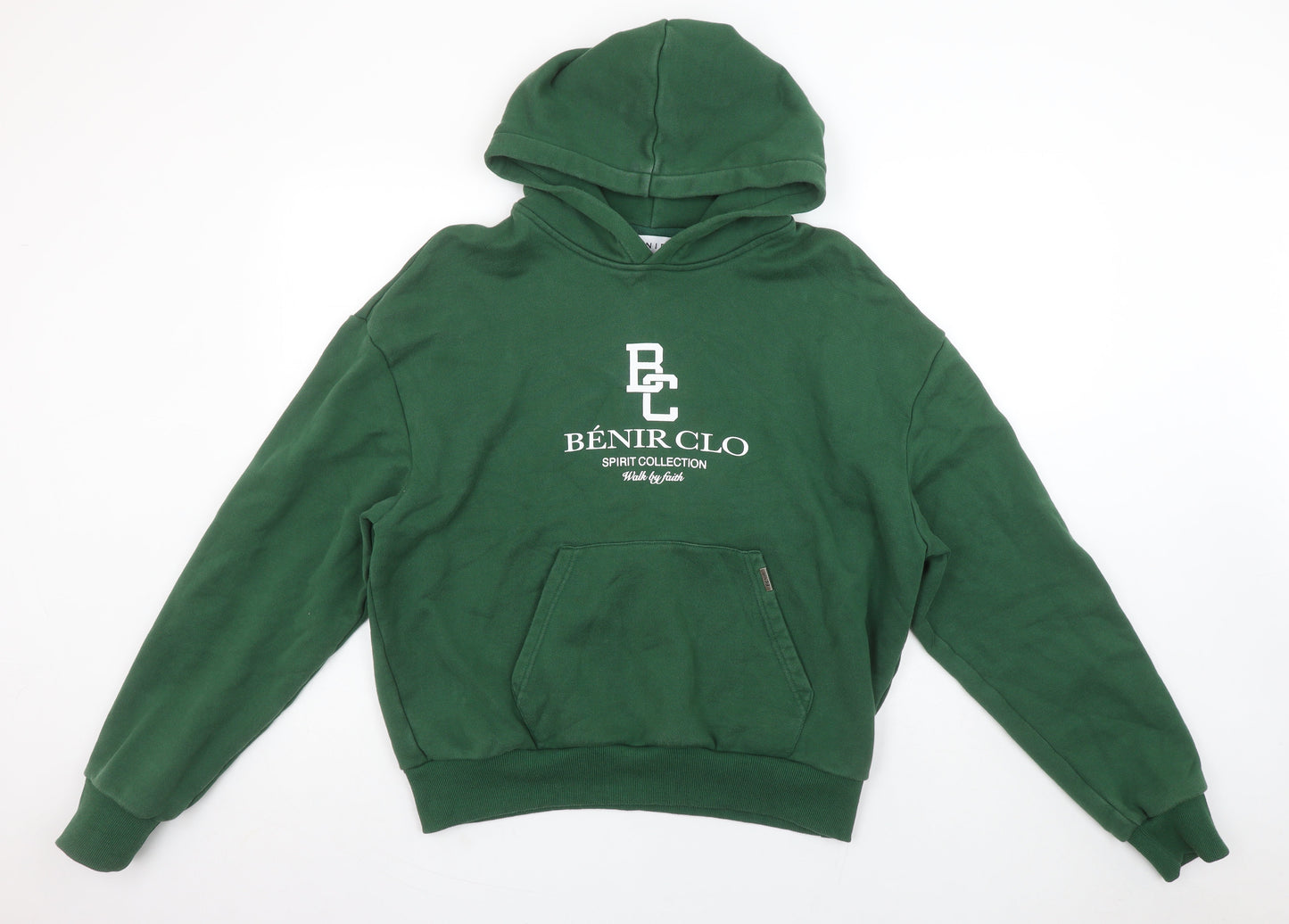 Bénir Green Cotton Pullover Hoodie Women M Logo Front Classic Fit