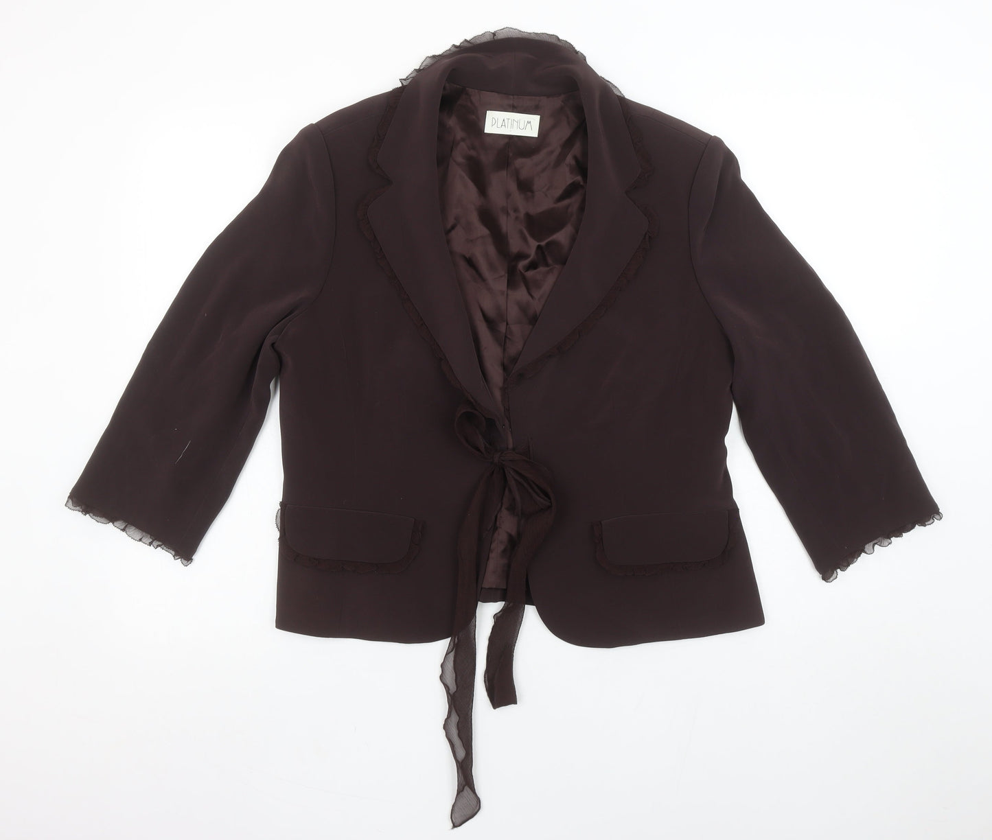 Platinum Women Brown Tie Front Blazer Jacket Size 16 Triacetate Blend