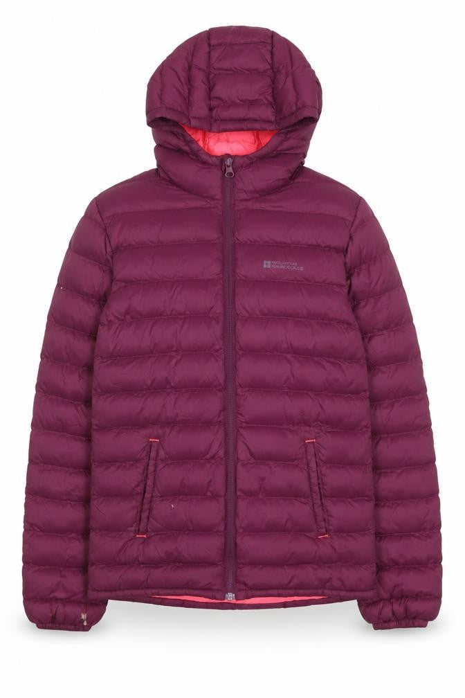 Front view of Mountain Warehouse girls’ purple hooded puffer jacket 11-12 years warm nylon zip coat