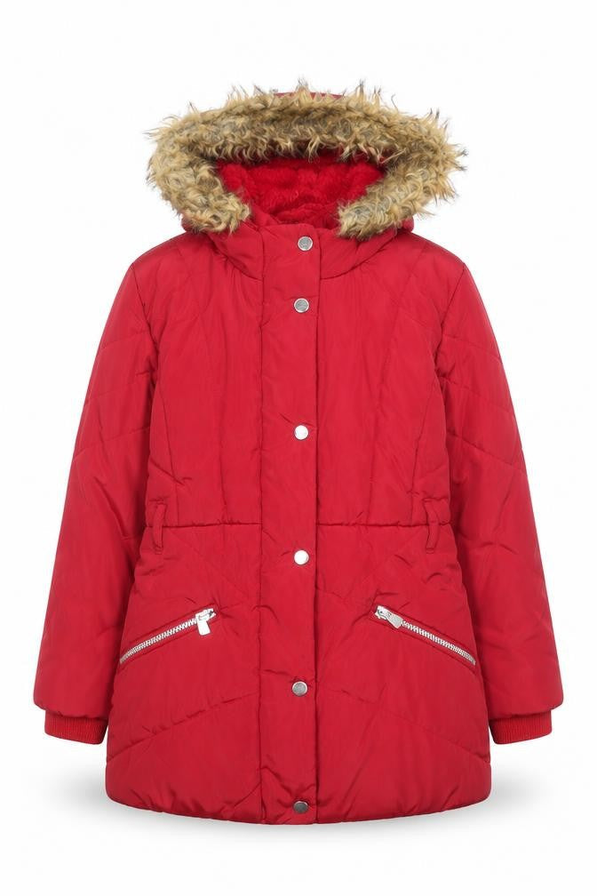 Front view of Tu girls’ red faux fur hooded puffer coat 9-10 years winter jacket