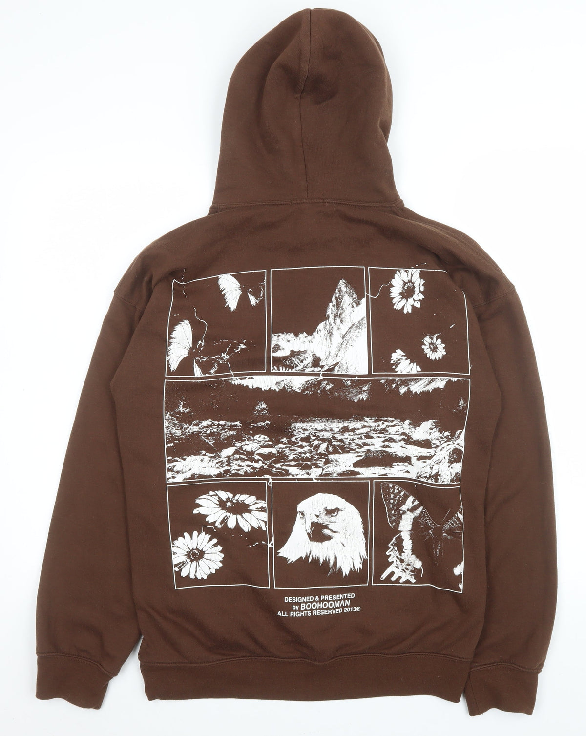 boohooMAN Womens Brown Pullover Hoodie S Graphic Eagle Print Cotton Blend
