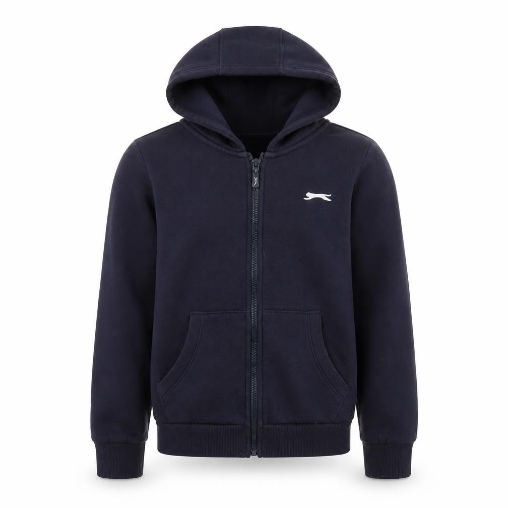 Front view of Slazenger boys’ navy blue hooded zip-up fleece jacket 11-12 years