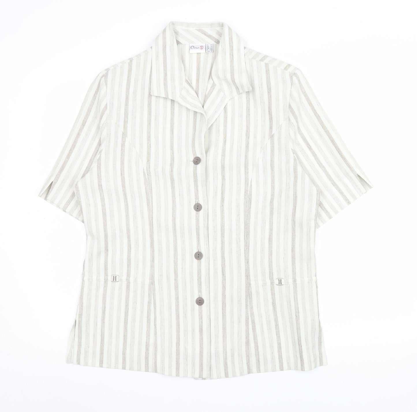 Oscar B Beige Striped Collared Short Sleeve Button-Up Top Size 14