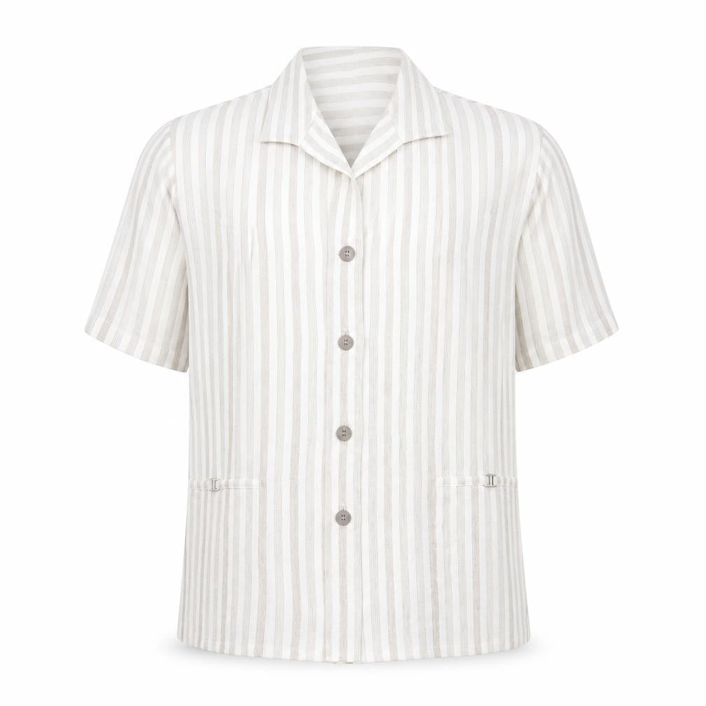 Oscar B Beige Striped Collared Short Sleeve Button-Up Top Size 14