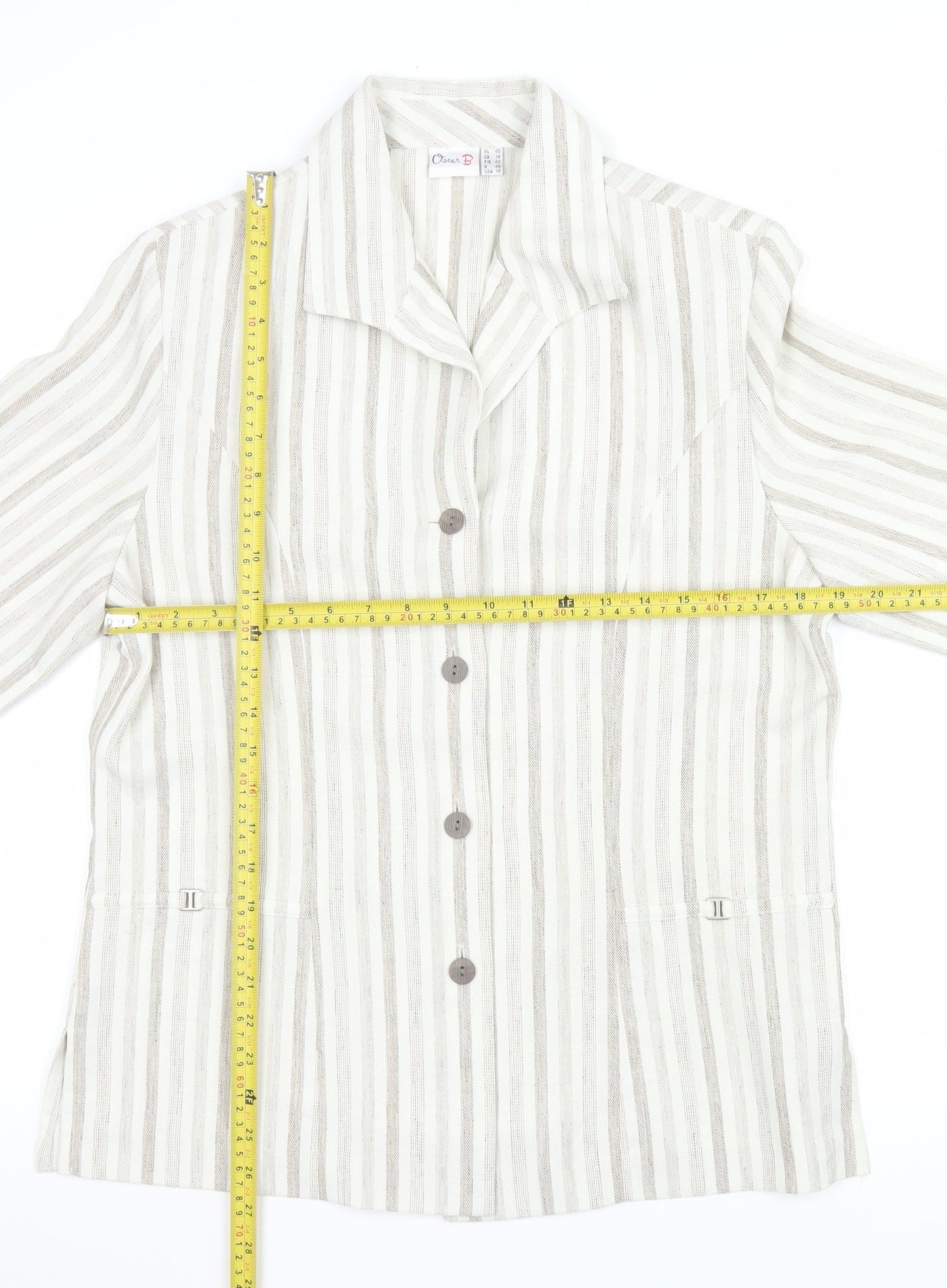 Oscar B Beige Striped Collared Short Sleeve Button-Up Top Size 14