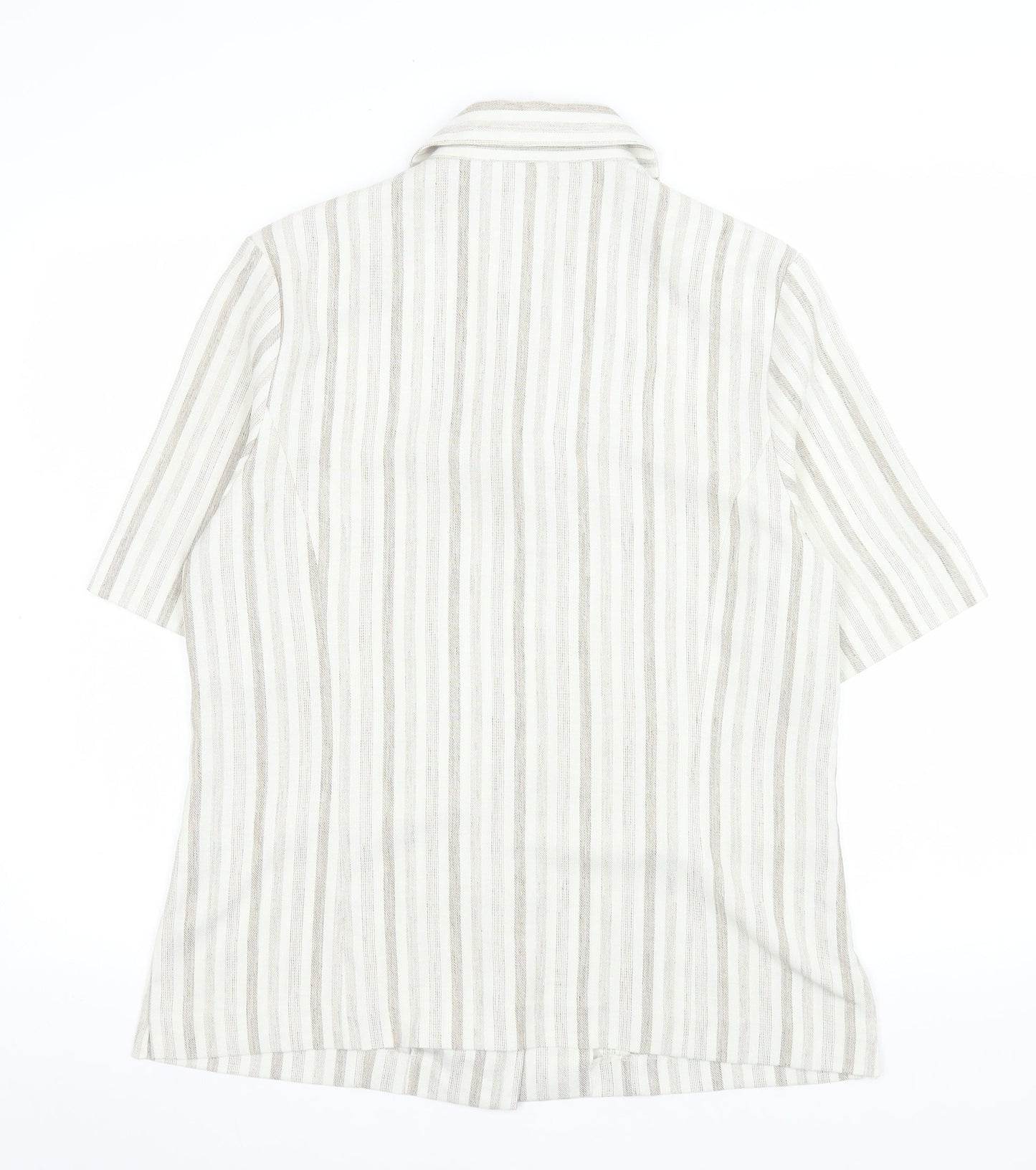 Oscar B Beige Striped Collared Short Sleeve Button-Up Top Size 14