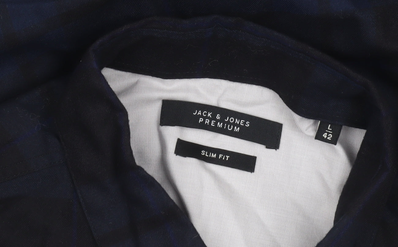 Jack & Jones Premium Men’s Blue Checked Slim Fit Long Sleeve Shirt L 42in