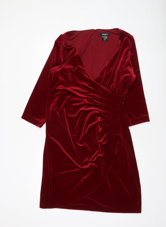 DKNY Women's Red Velvet Wrap Dress Size 18 3/4 Sleeve V-Neck