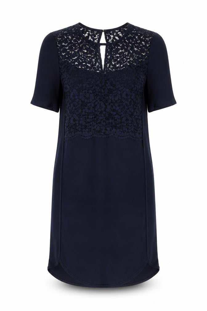 Whistles Women's Blue Lace Shift Dress Size 10 Short Sleeve Knee Length