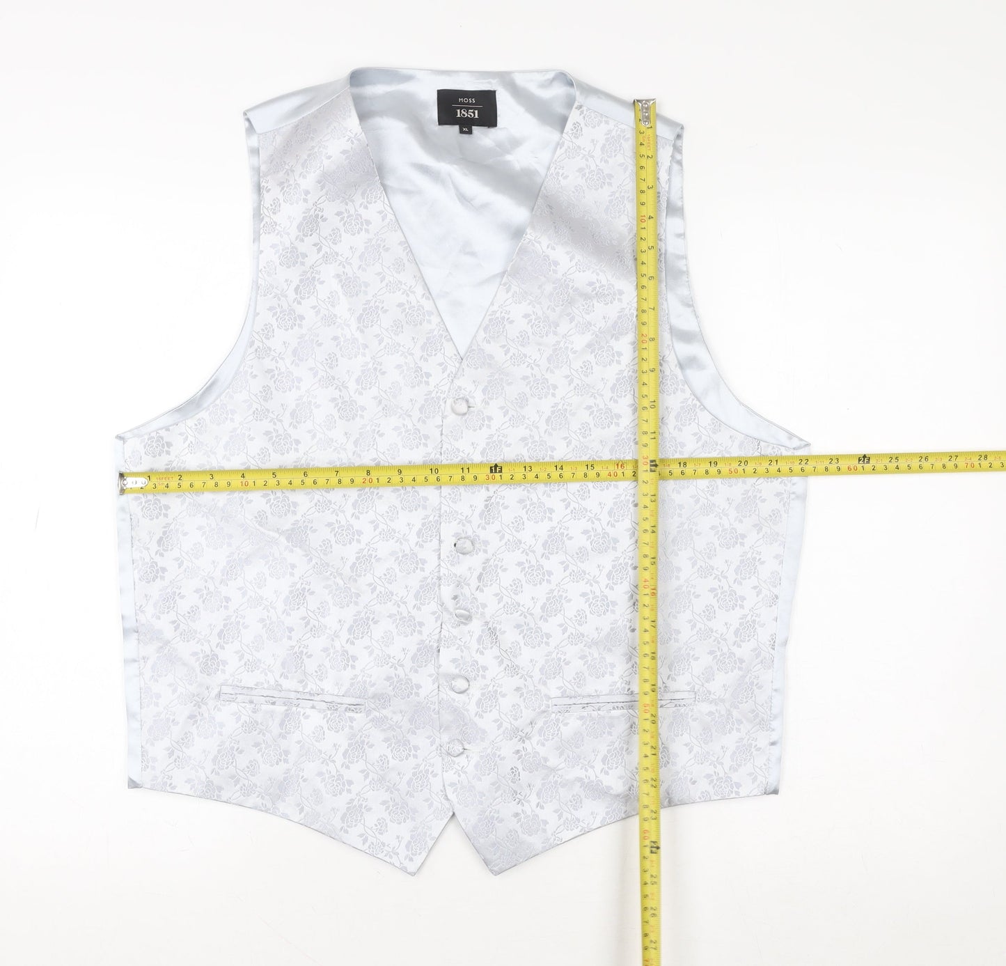 Moss 1851 Men's Silver Floral Waistcoat XL Formal Wedding