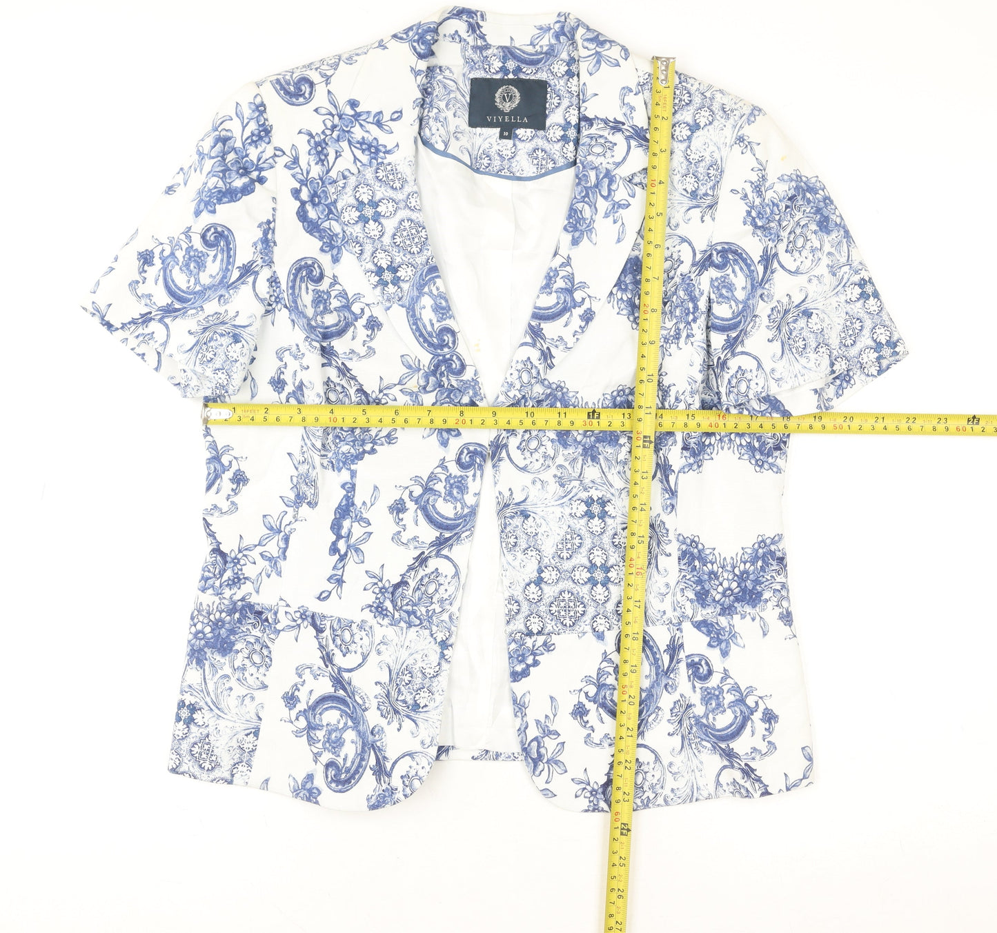 Viyella Women's White Blue Floral Short Sleeve Tunic Blouse Size 16
