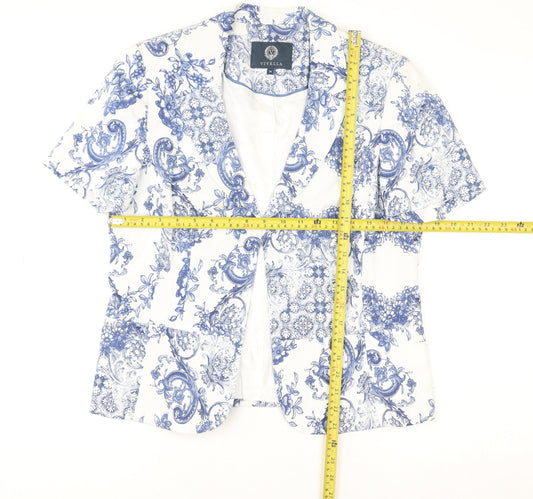 Viyella Women's White Blue Floral Short Sleeve Tunic Blouse Size 16
