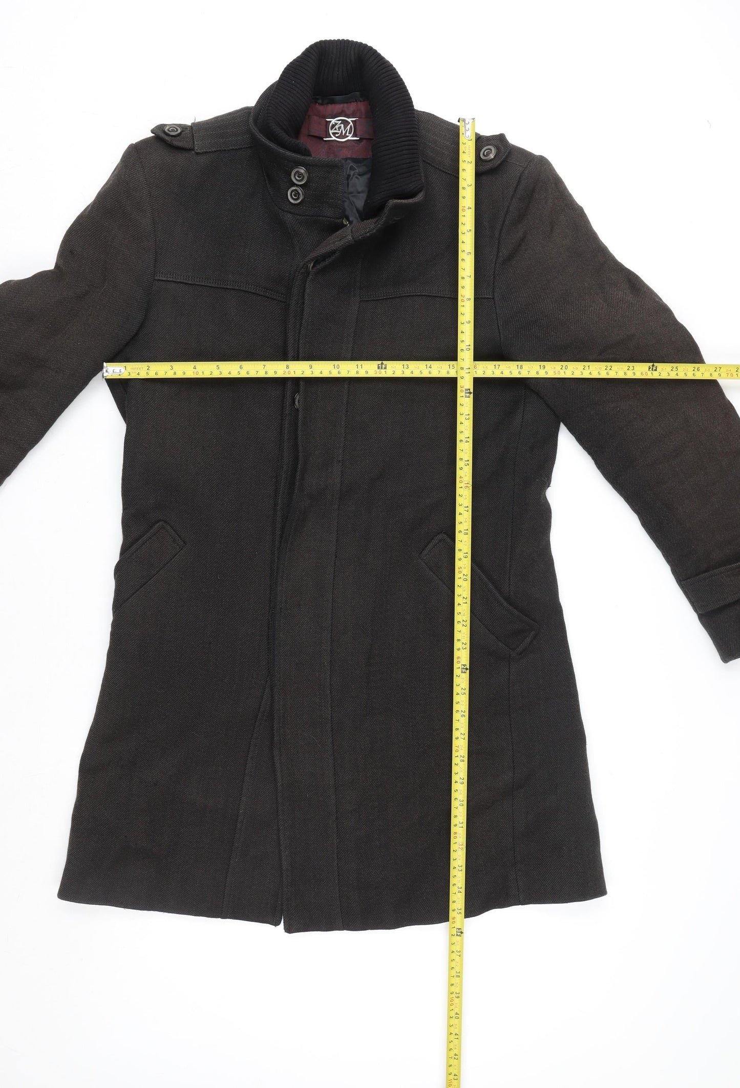 Zara Man Men's Black Cotton Blend Mid-Length Overcoat Size L
