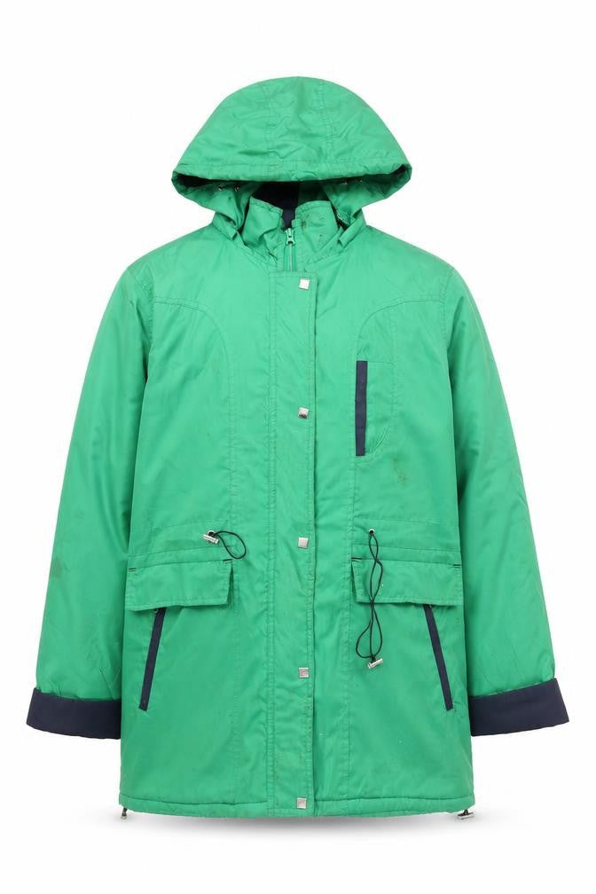 Front view of Being Casual women’s green hooded parka jacket, size UK 16
