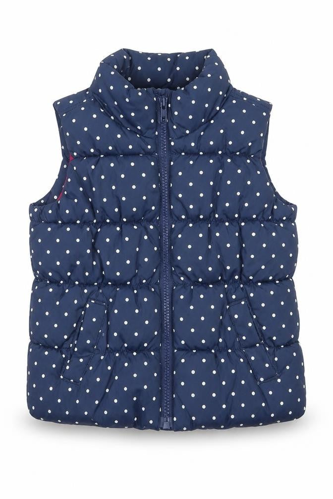 Front view of Baby Gap girls’ blue polka dot puffer waistcoat 3 years quilted zip lined