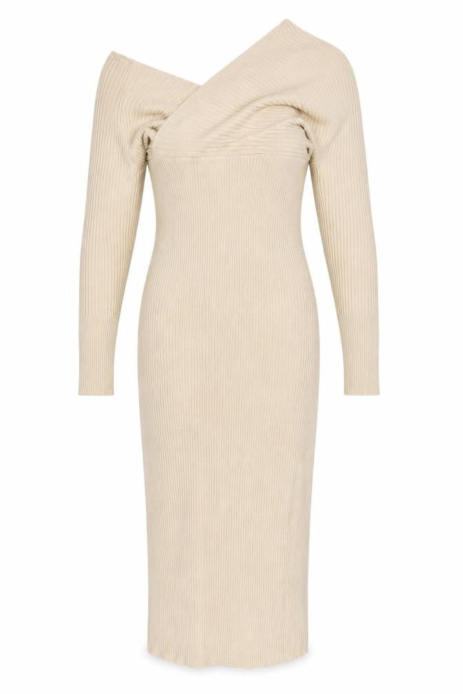 PrettyLittleThing Women’s Beige Off Shoulder Ribbed Midi Bodycon Dress Size M