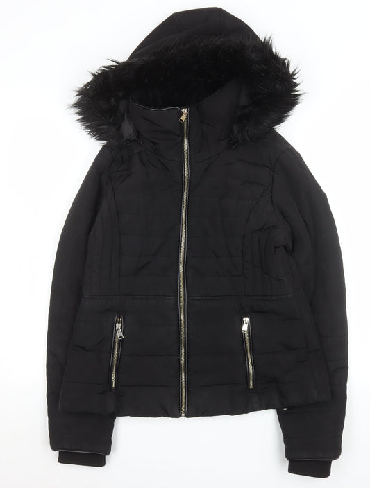 F&F Womens Black Faux Fur Hooded Puffer Jacket UK 12