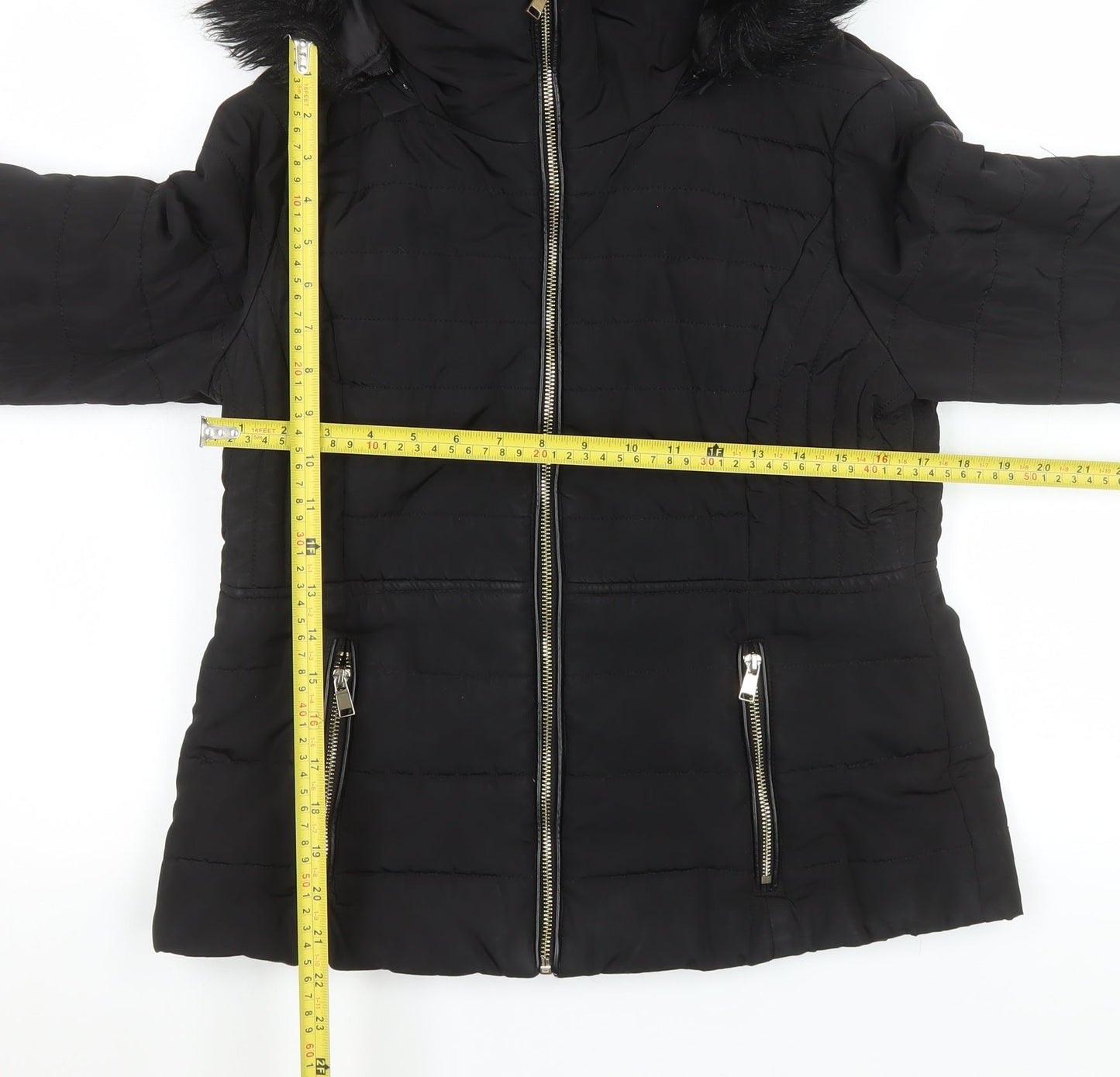 F&F Womens Black Faux Fur Hooded Puffer Jacket UK 12