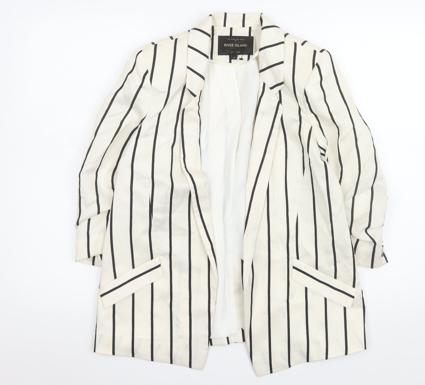 River Island Women’s Ivory Black Striped Long Blazer Jacket UK 8