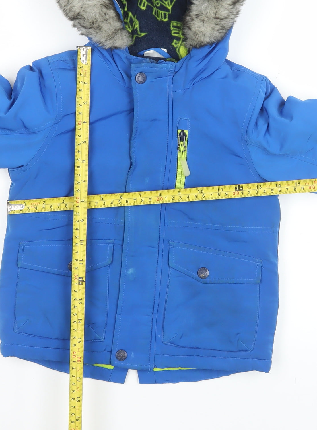 F&F Boys Blue Hooded Puffer Jacket 2-3 Years Faux Fur Trim Winter Coat
