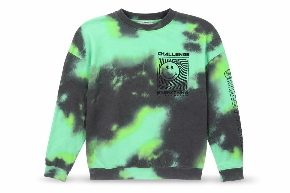 Front view of H&M girls’ multicoloured tie dye smiley world pullover sweatshirt 14y