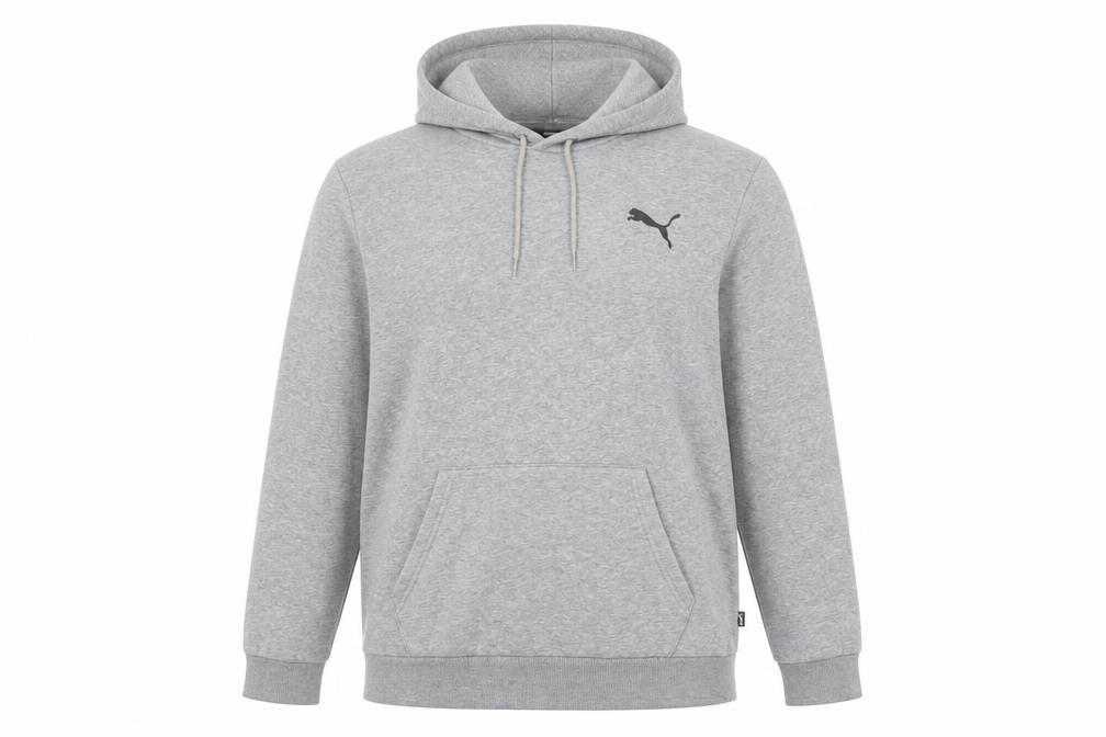 Front view of Puma men’s grey hoodie l pullover hooded sweatshirt cotton blend