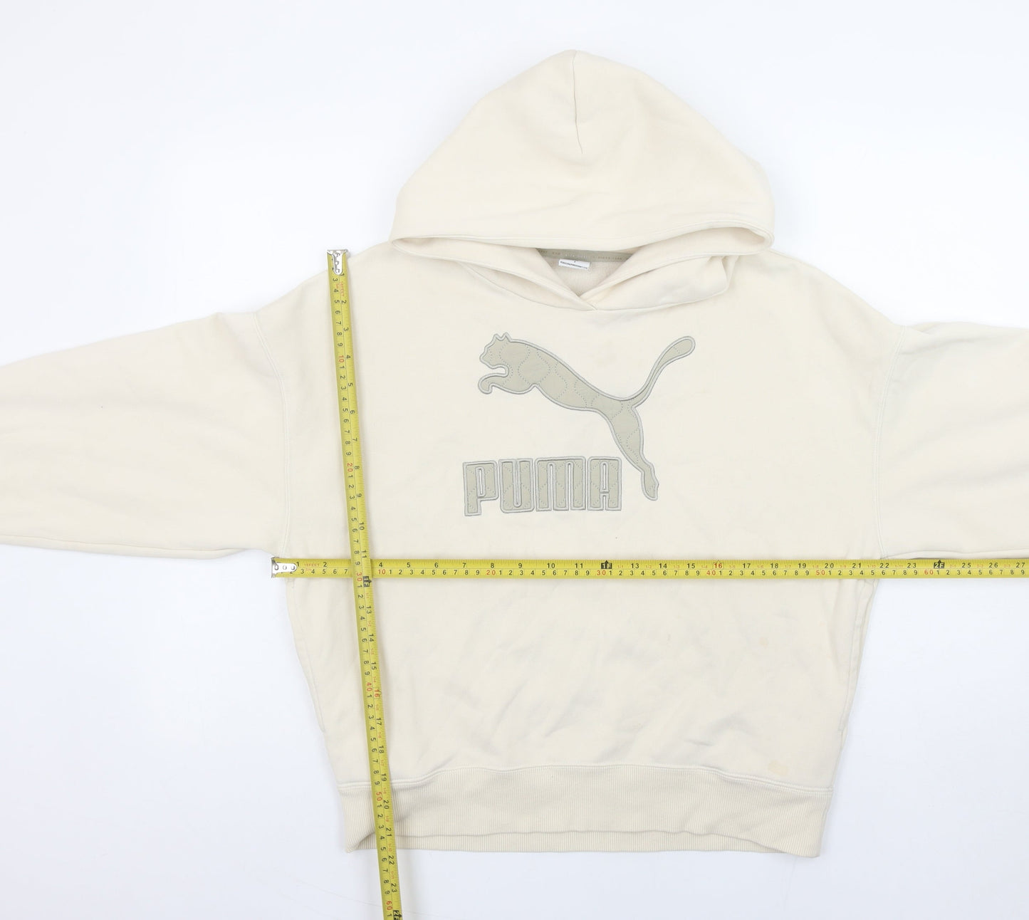 PUMA Women's Beige Hoodie Small Relaxed Fit Cotton Blend Logo
