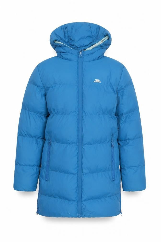 Front view of Trespass girls’ blue hooded puffer jacket 7-8 years water resistant winter coat