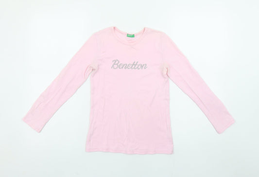 United Colors of Benetton Girls Pink Long Sleeve Logo T-Shirt 8-9 Years