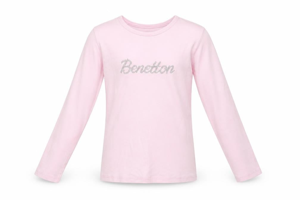 Front view of United Colors of Benetton girls’ pink long sleeve logo t-shirt 8-9 years