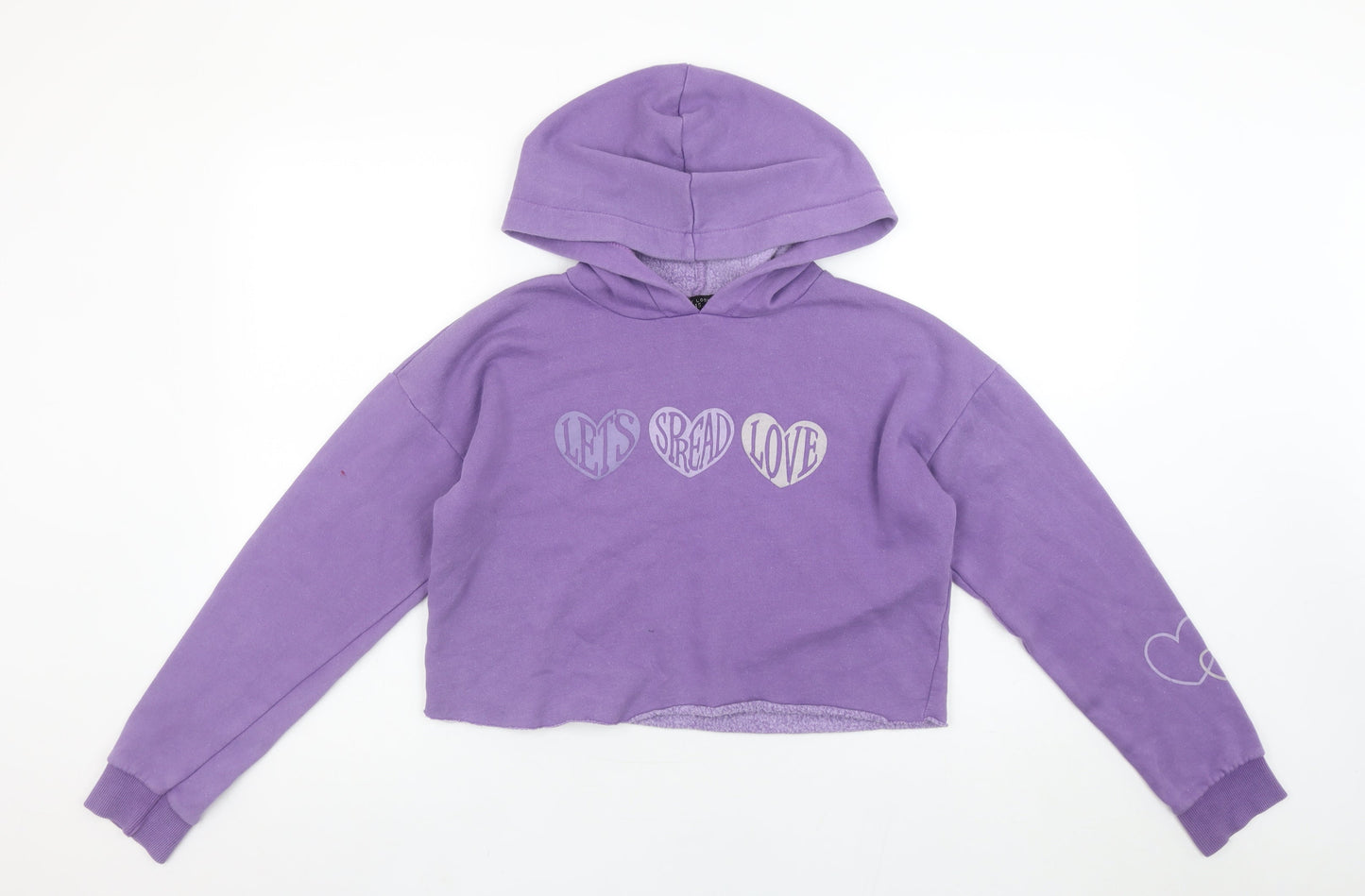 915 Girls Purple Cropped Pullover Hoodie Let's Spread Love Age 12-13 Years