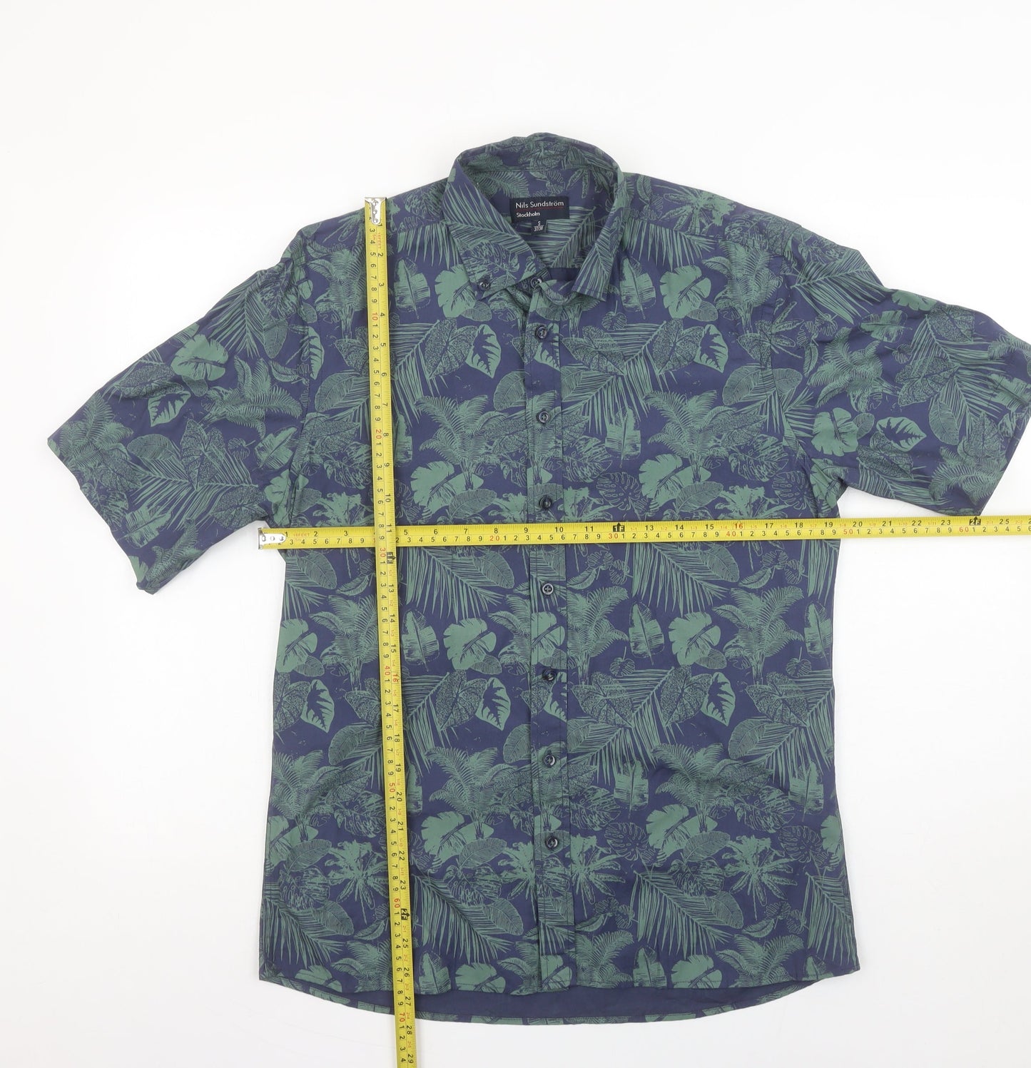 Nils Sundström Men's Blue Tropical Floral Short Sleeve Button-Up Shirt Size S