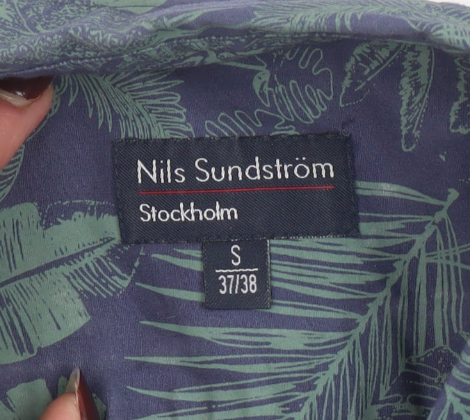 Nils Sundström Men's Blue Tropical Floral Short Sleeve Button-Up Shirt Size S