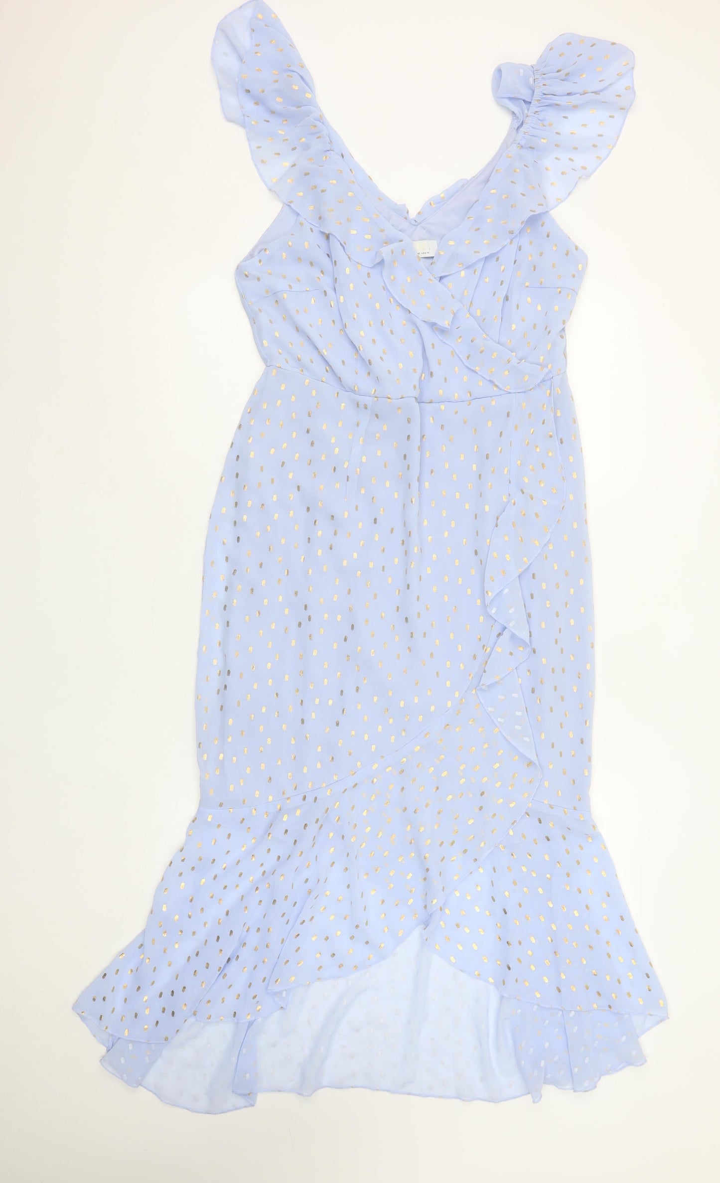 Quiz Women Blue Polka Dot Hi-Low Ruffle Wrap Dress Size 14