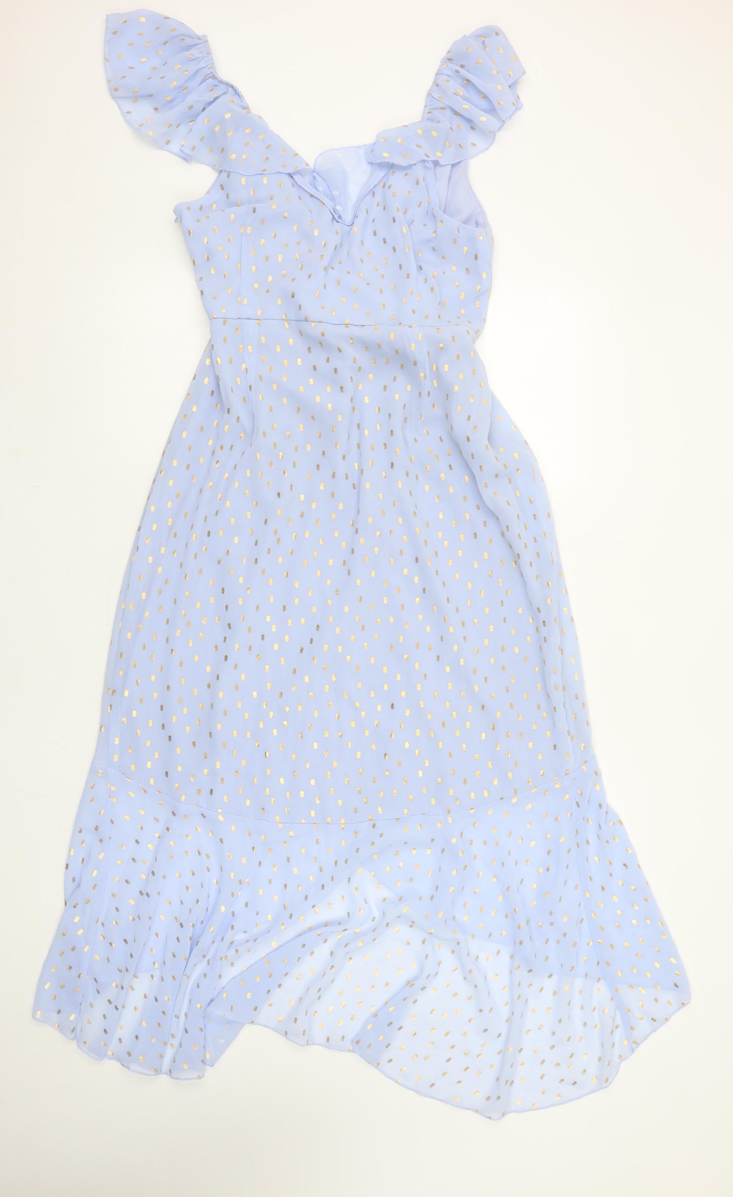 Quiz Women Blue Polka Dot Hi-Low Ruffle Wrap Dress Size 14