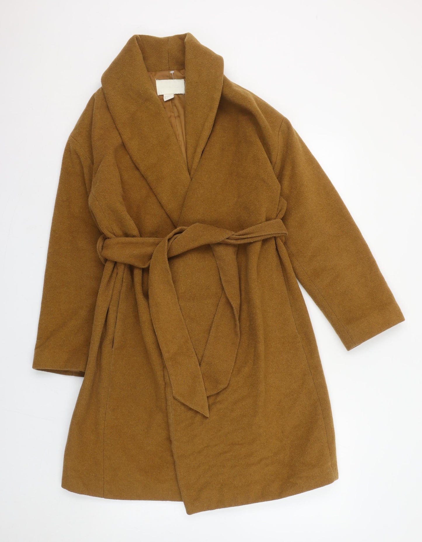 H&M Conscious Women's Brown Wool Blend Belted Overcoat Size 8