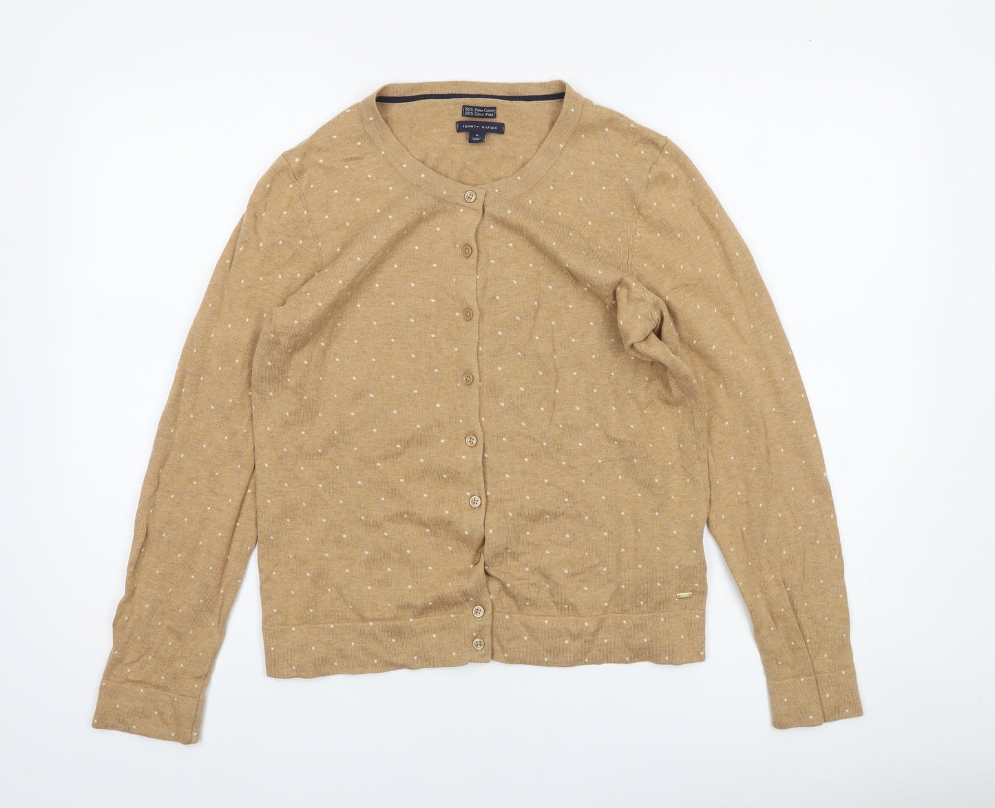 Tommy Hilfiger Women Beige Cardigan M 100% Cotton Polka Dot Knit