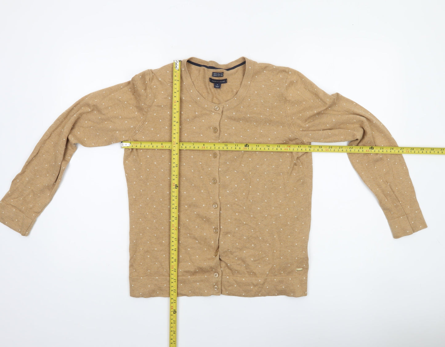Tommy Hilfiger Women Beige Cardigan M 100% Cotton Polka Dot Knit