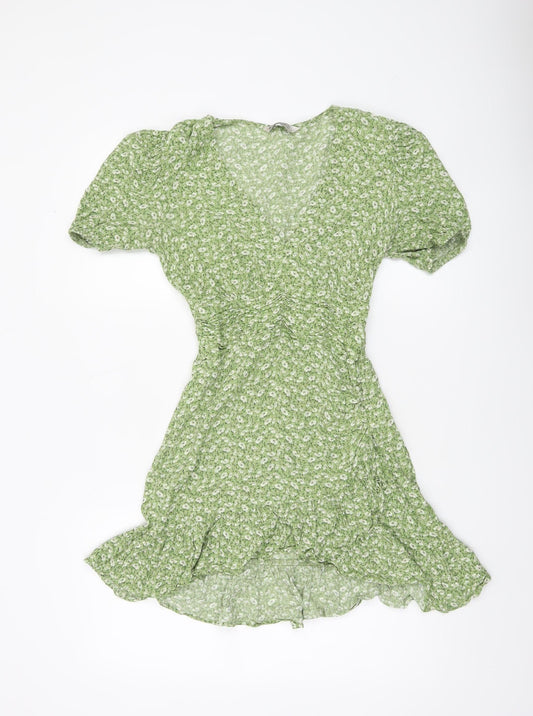 Stradivarius Women Green Floral V-Neck Short Sleeve Wrap Dress Size 12