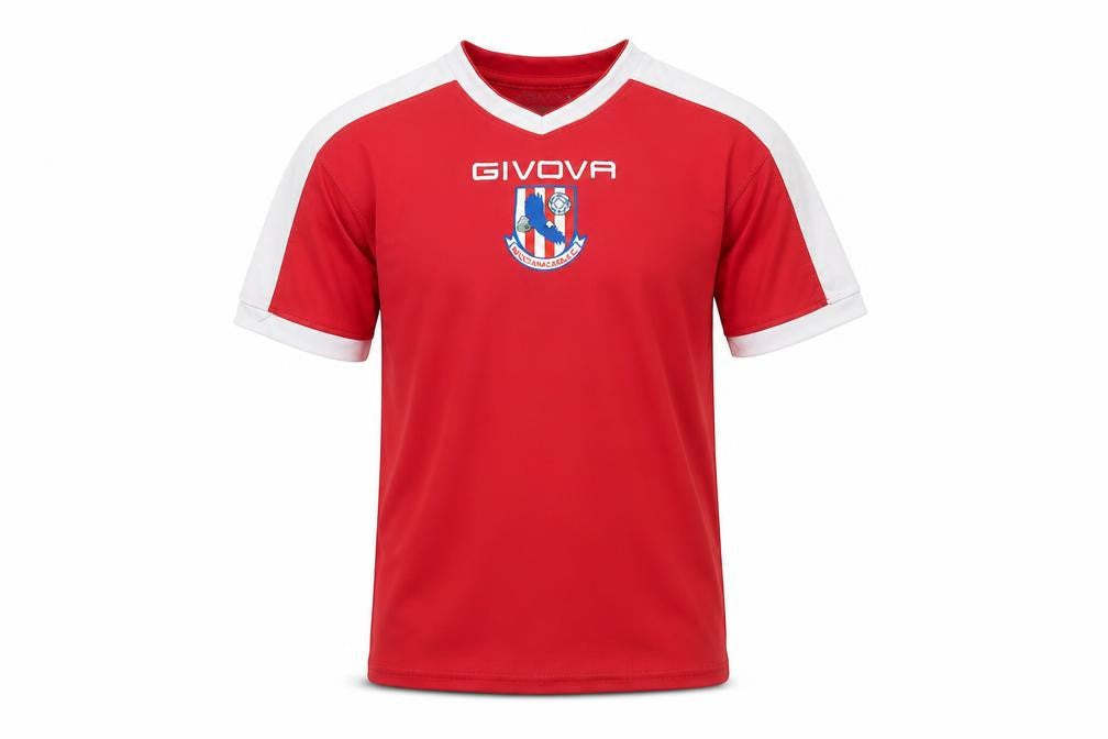 Front view of Givova boys’ red short sleeve football jersey t-shirt 2xs polyester athletic fit