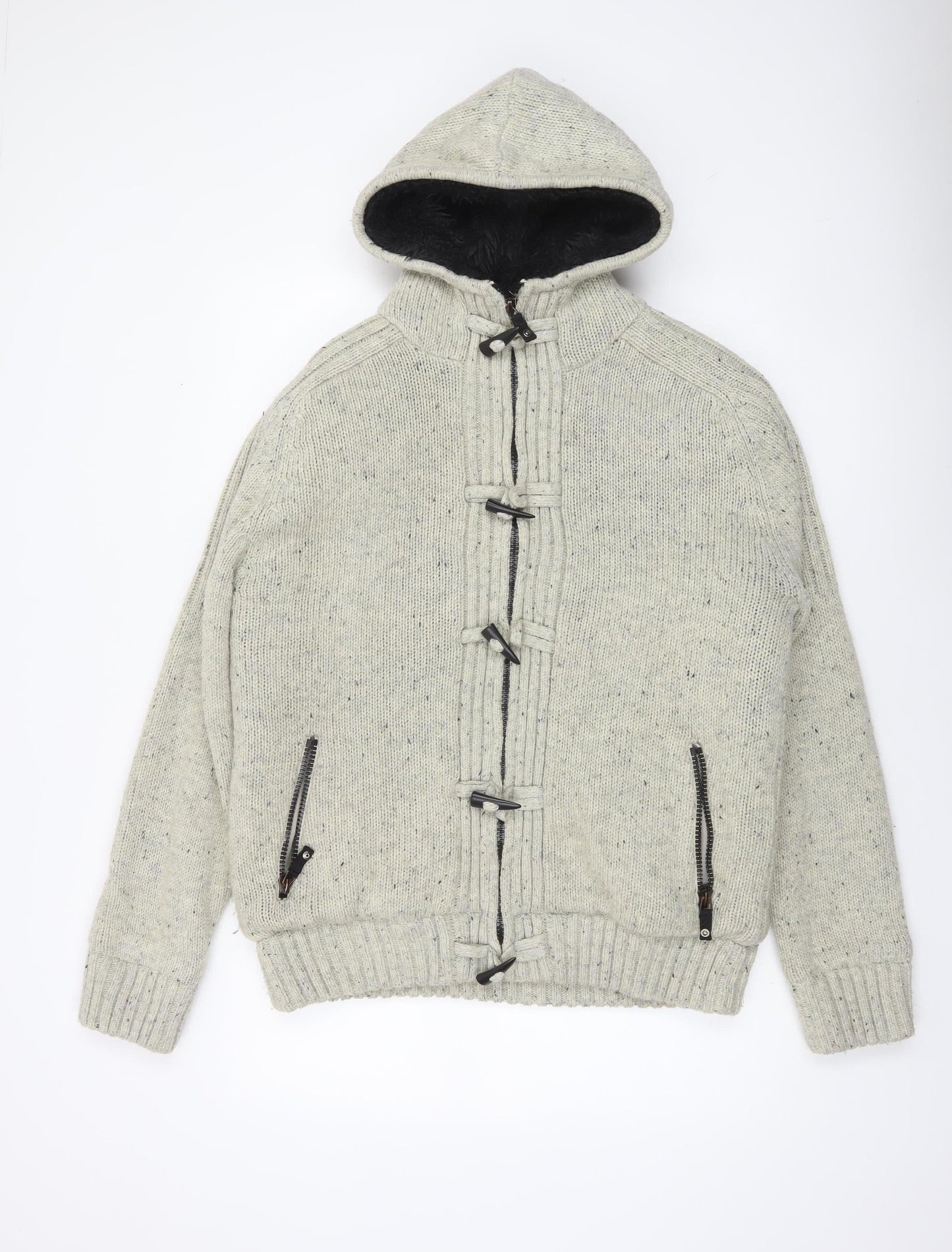 Edey Mens Grey Hooded Chunky Knit Full Zip Jumper Size L