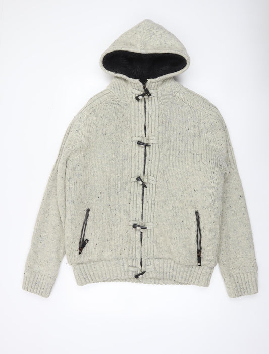 Edey Mens Grey Hooded Chunky Knit Full Zip Jumper Size L